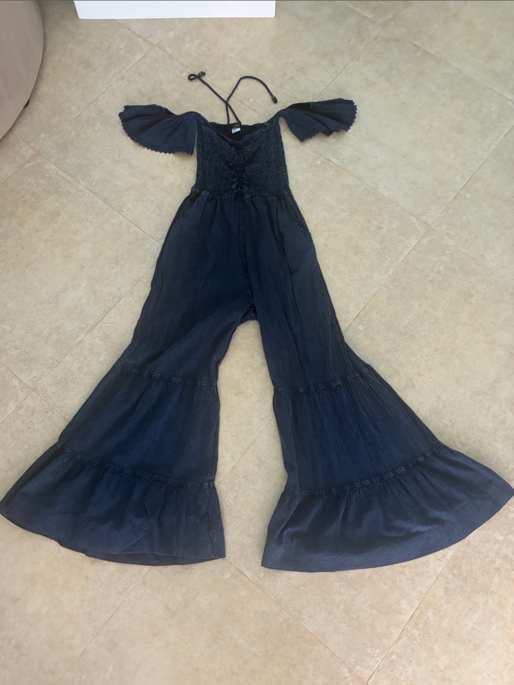 Dark Denim Off-Shoulder Smocked Tiered Wide-Leg Party Jumpsuit
